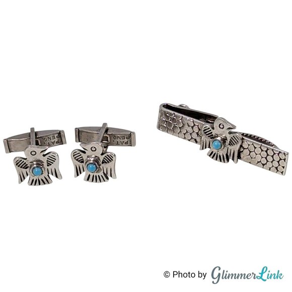 Vintage Thunderbird Cufflinks and Tie Bar Jewelry Set - Silver Tone Teal Stone - Picture 1 of 11